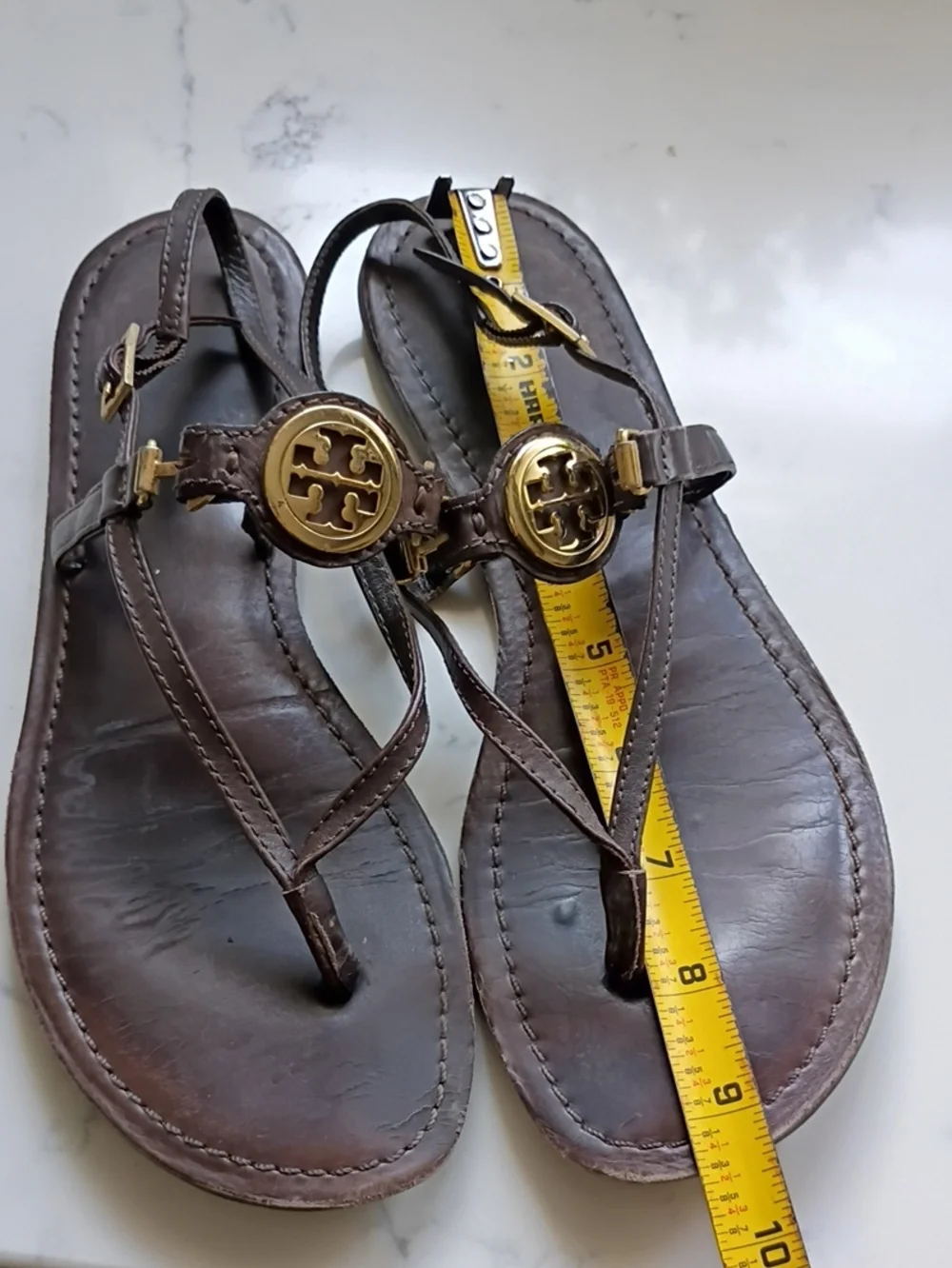 Tory Burch Brown Leather Sandals with Gold Logo Medallions
